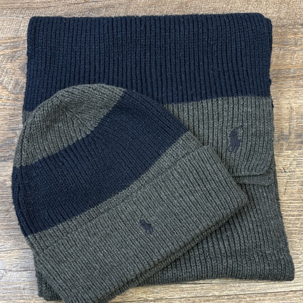❄️ Polo Ralph Lauren Navy & Gray Knit Hat & Scarf Set 🧣